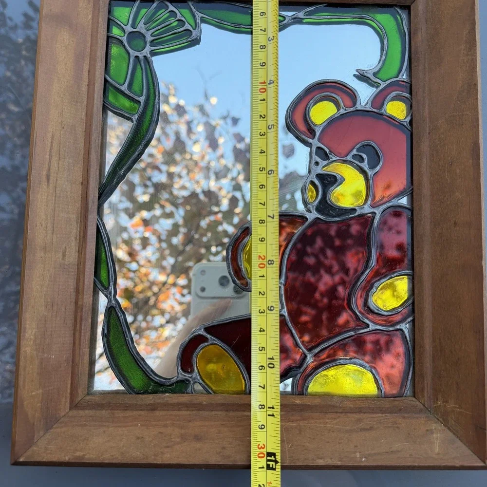 Charming VTG Stained Glass Teddy Bear Mirror Wooden Frame Wall‎ Decor Art Baby